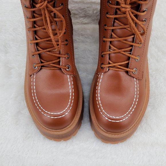 Light Weight Tan Wood Look Chunky Platform Combat Boots Stamp - Picture 7 of 12